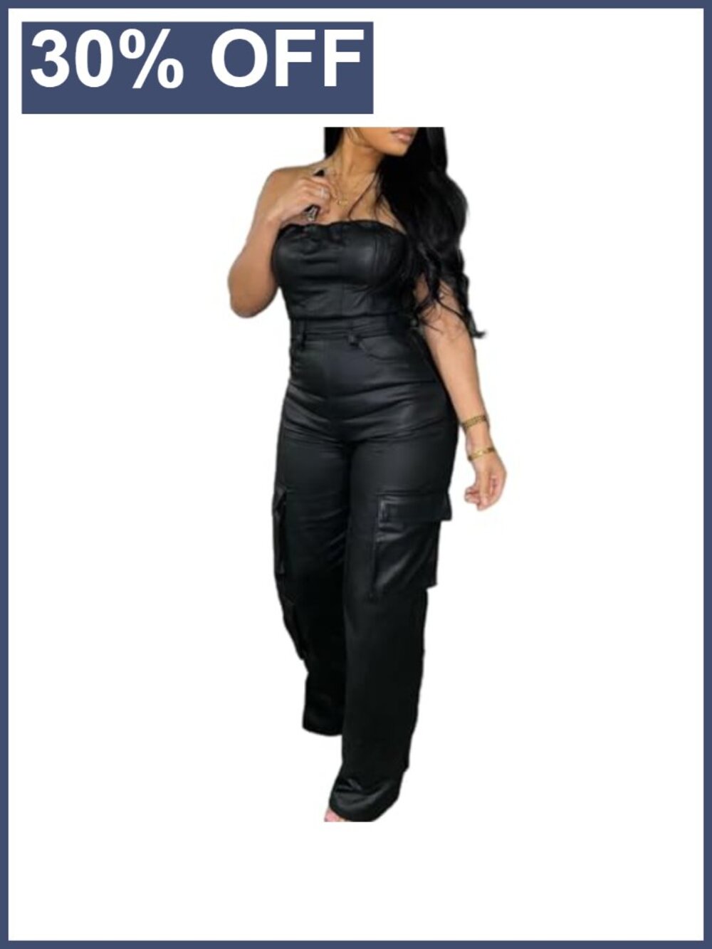 PU Leather Off Shoulder Jumpsuit Cargo Pants